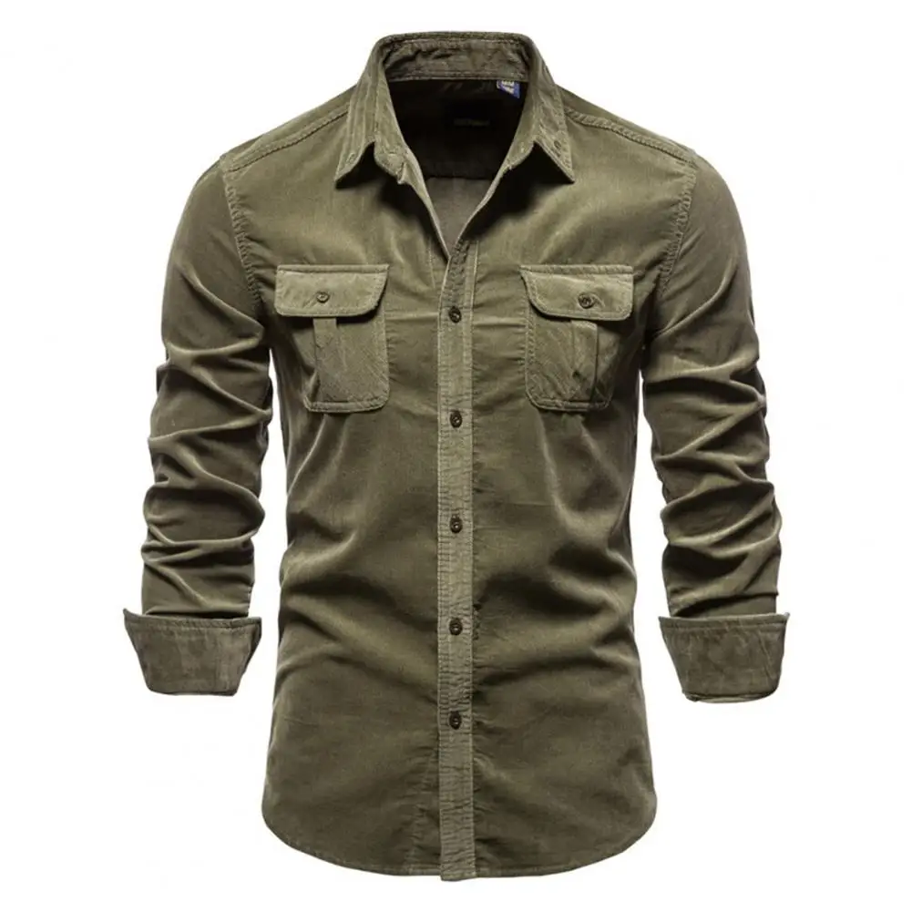 

Men Shirt Solid Color Turn-down Collar Great Stitching Slim Button Decor Spring Lapel Shirt for Work Business Office Wear