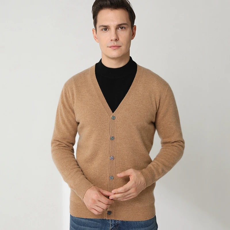 100% Cashmere Cardigan Men's V-neck Knitted Sweater Spring and Autumn New Solid Color Long Sleeve Large Men's Jacket