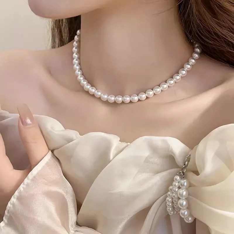 Ожерелье женское с жемчужной цепочкой простой чокер 6 мм в винтажном стиле