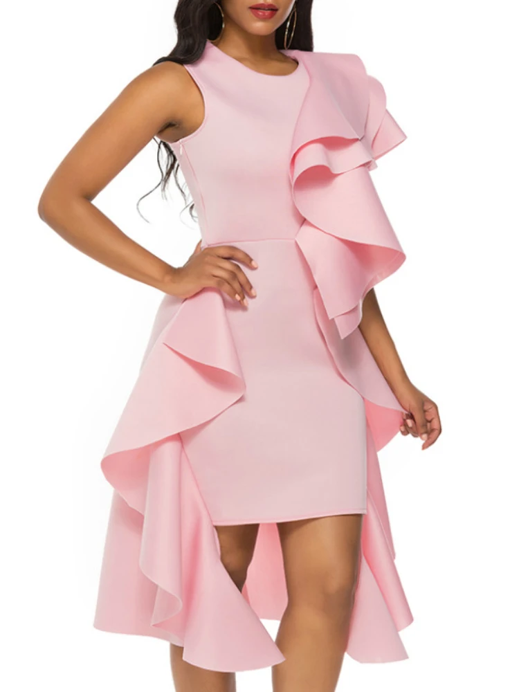 

Women Party Irregular Length Dress Pink O Neck Ruffle Sexy Celebrate Ladies Evenig Date Night Dinner Stretches Slim Robes Tunics