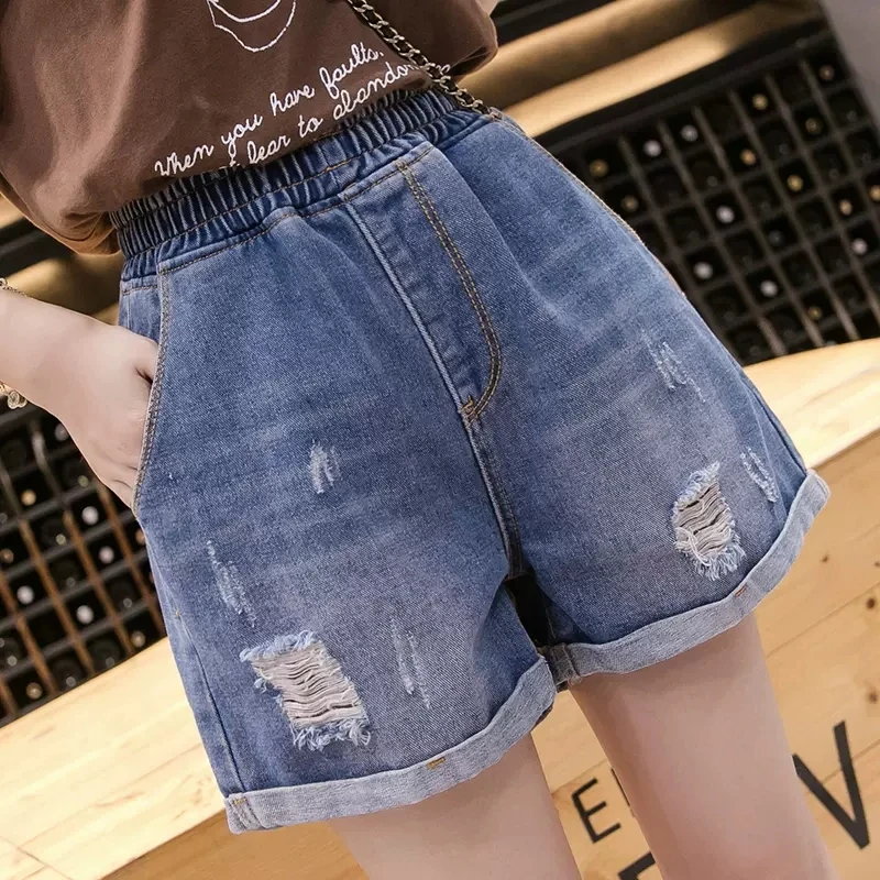 Streetwear Denim Shorts Womens Clothing Large Size Loose High Waist Slim Elastic Waist A-line Casual Wide Leg Shorts Pants AC281