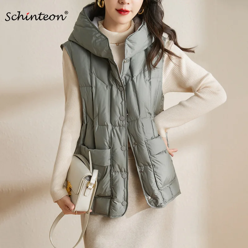 

Женский сверхлегкий жилет на утином пуху Schinteon, осенне-зимний жилет без рукавов с капюшоном в Корейском стиле, высококачественный жилет