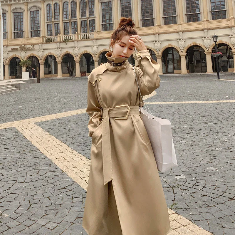 

SuperAen Korean Style High-end Temperament Satin Trench Coat Women Office Lady Casual Khaki Long Coat for Women
