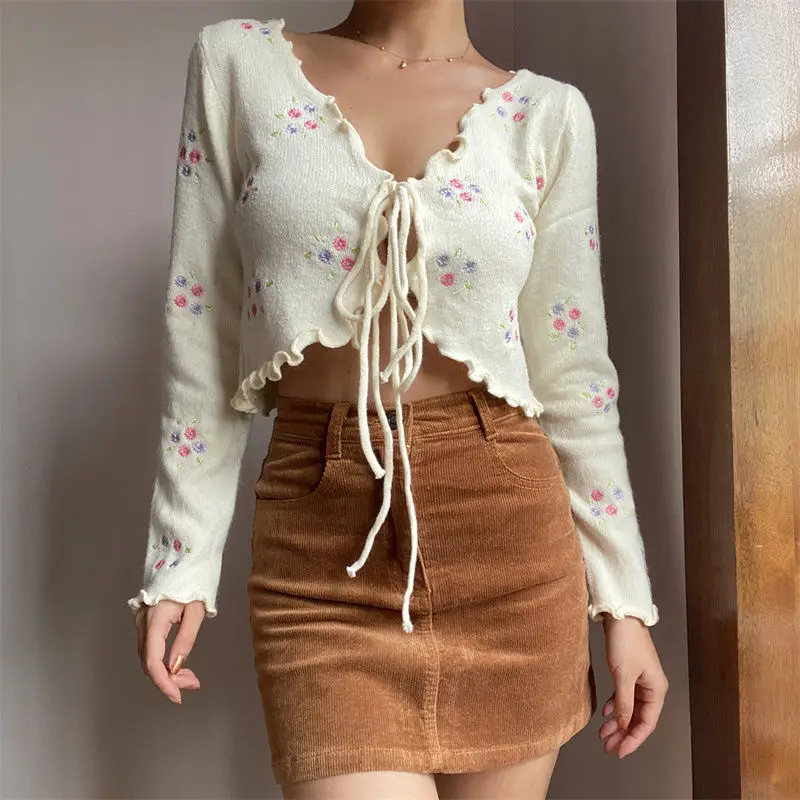 

Cardigan Women Spring Embroidery Floral Trendy Lovely Sweater V-neck Knitwear Simple Preppy Vintage Cardigan