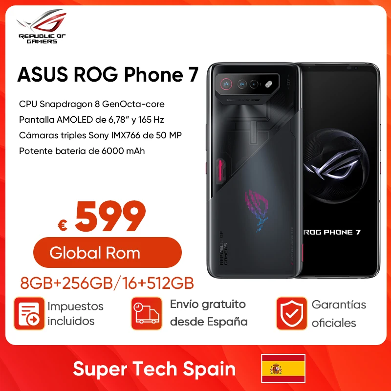 Asus Rog Phone 7 5G Gaming Phone Snapdragon 8 Gen 2 165Hz Amoled 6000Mah 65W Telefono Cellulare A Ricarica Rapida 8 + 256Gb Google Play