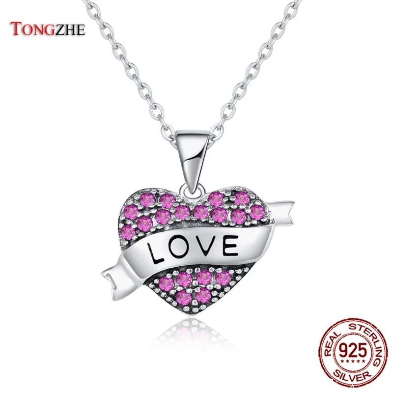 TONGZHE Valentine Day Gift 925 Sterling Silver Heart Pendant Necklaces Rosy Love Charm Necklace Mail Jewelry for Women Collars