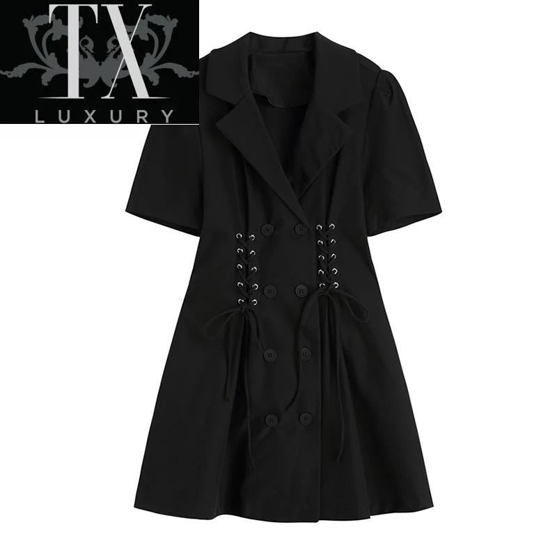

Temperament Blazer Women Summer Korean New Style Slim Waist Drawstring Lace Up Double Row Button Mini Dress Female