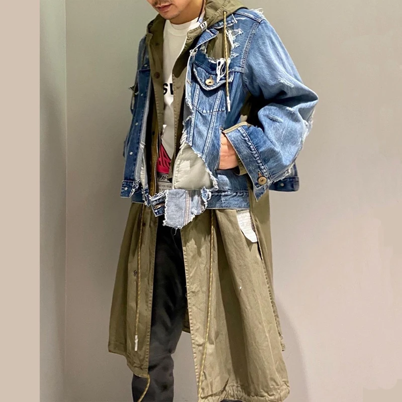 

MIHARA YASUHIRO Japan Style Destroy Denim Stitched Army Green Men Mid-Length Windbreaker Fake Two Pieces Single Breasted Trench