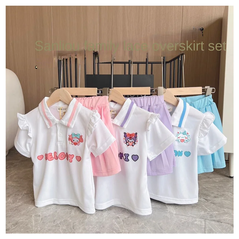 

Мультяшный Sanrios My Melody Cinnamoroll Kuromi для девочек, модная плиссированная юбка с коротким рукавом, милый летний комплект из футболки и короткой юбки