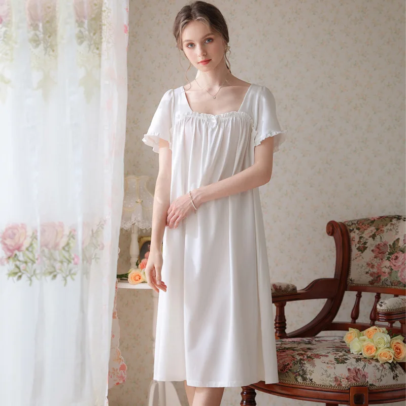 Nightdress Women's Summer Short-sleeved Cotton Thin Princess Midi Dress Home Clothes French Court Style