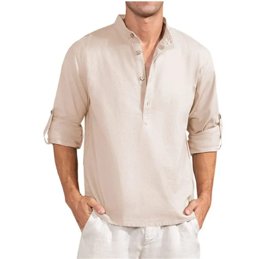 2022 button Men's Summer Linen Cardigan Tops Solid Color Casual Stand Collar Long Sleeve Shirts Plus Size