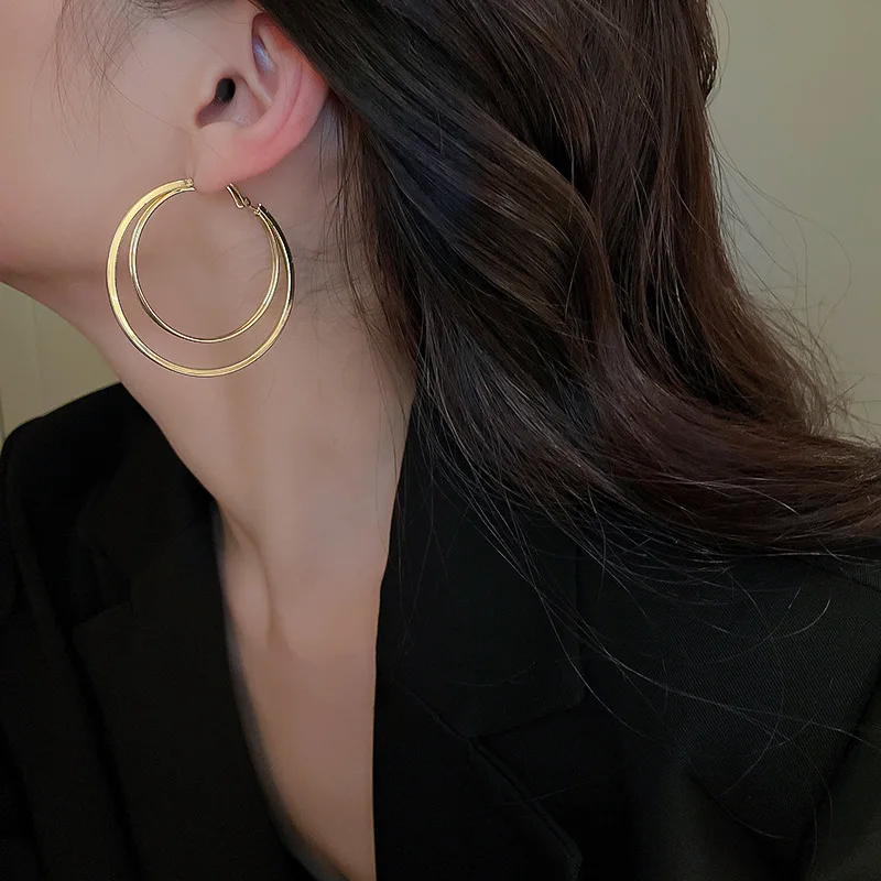 

Real Gold Plated Silver Needle Wound Round Earrings, Exaggerated European And American High-level Double-layer Persona