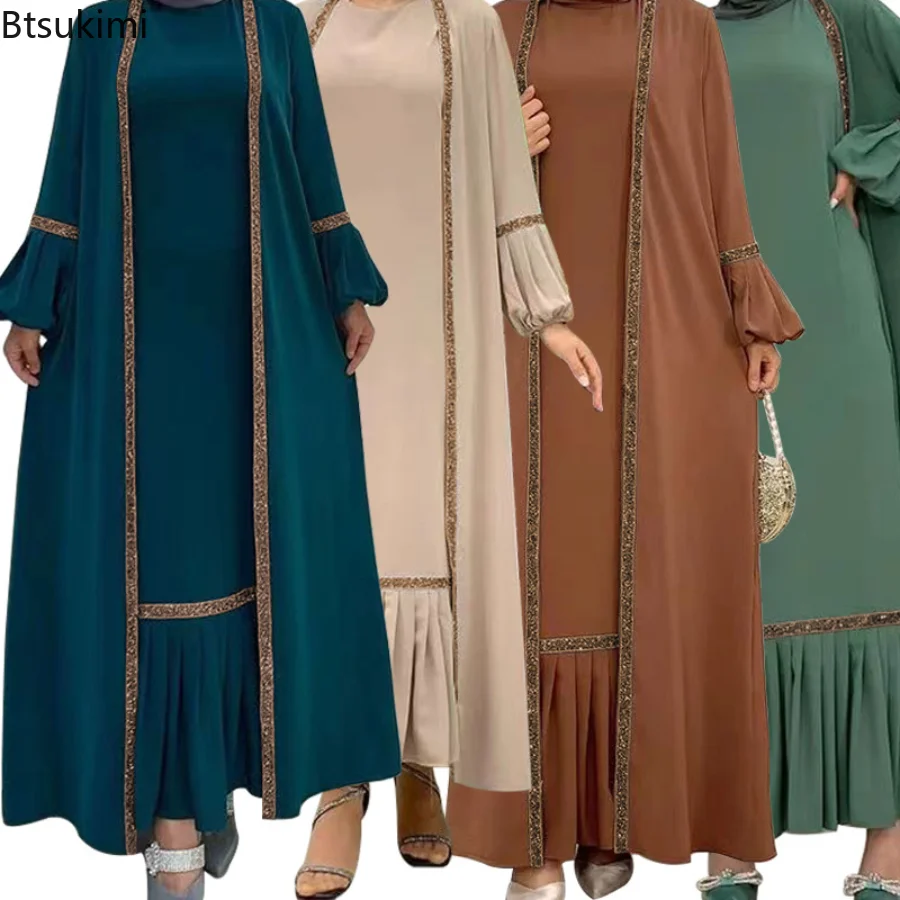 2 Piece Set Muslim Women Hijab Dress Eid Lantern Sleeve Maxi Long Dress Islamic Clothing Caftan Kimono Big Swing Abaya Dresses
