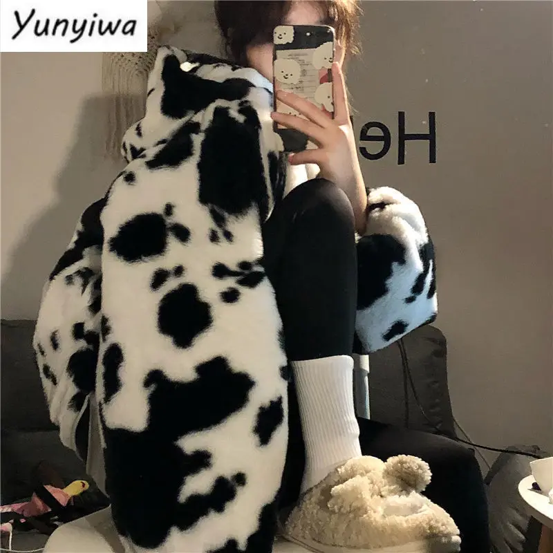 

Jackets Women Thicker Furry Cow-pattern College Ins Prevalent Designer Hooded Younger Korean Style Outwears Loose All-match BF