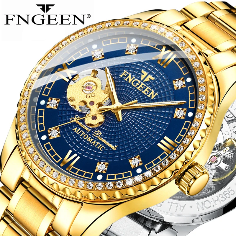 

FNGEEN New Mens Watches Luxury Gold Strap Diamond Case Waterproof Automatic Mechanical Watch Luminous Relogio Masculino 8073