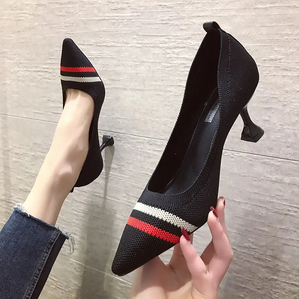 Walker Women's Casual Shoes Soft Bottom Knitted Flats Pointed-toe Shallow-mouth Mixed-color Flats For Autumn Size 36~40