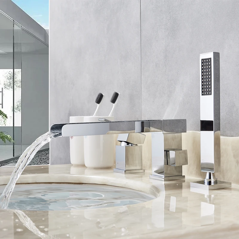 

Long Spout Waterfall Bathtub Faucet Widespread Chrome Tub Mixer Faucet Deck Mounted 3 Holes Waterfall Bath Shower Set Handshower