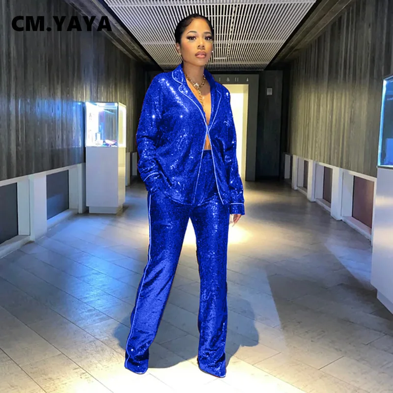 CM.YAYA Elegant Sequins Women's Set Blazer Shirt and Wide Leg Pants 2022 Sexy Party Evening Night Two 2 Piece Outfits |