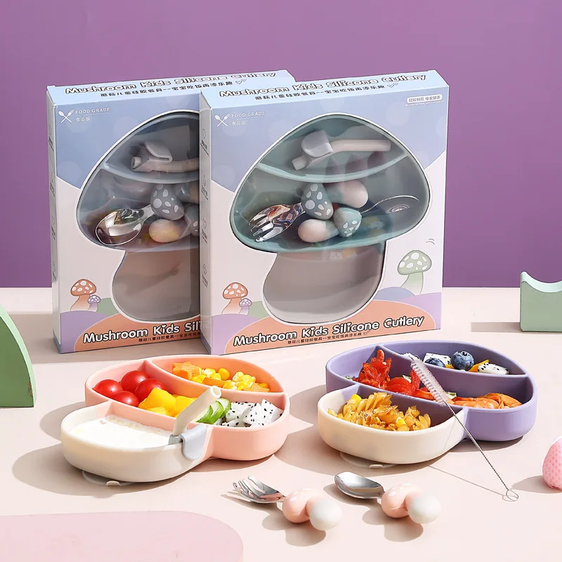 3 in 1 Baby Safe Sucker Silicone Dining Plate Solid Cartoon Children Dishes Suction Toddle Training Tableware Kids Feeding Bowls