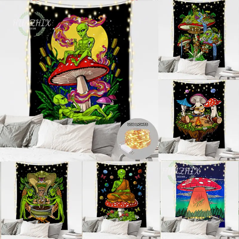 

Alien LED Tapestry Mandala Hippie Black Wall Hanging Psychedelic Art Mushroom Eye Living Room Home Dorm Decor Cloth Tapiz Pared