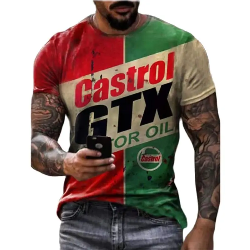 

Camisa Anime Tee Castrol Retro Short-sleeved Men's T-shirt 3D Printing Ethnic Alphabet Harajuku Fashion T-shirt Men's Collar Top