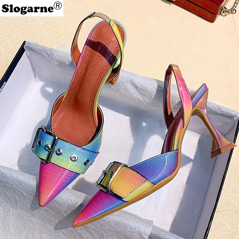 

Big Size 35-42 Rainbow Colorful Patent Leather Women Sandals Elegant Pointed Toe Buckle High Heels Wedding Shoes Slingback Pumps