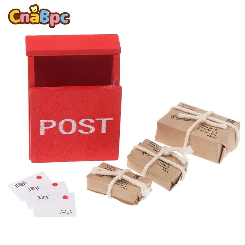 

1Set 1:12 Dollhouse Miniature Letter Box Red Mailbox With Mail Sack Postcard Newspaper Fairy Garden Door House Christmas Decor