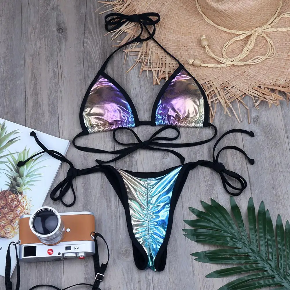 

Stamping Gold Bikini Set Crumpled Wrinkle Bottom Brazilian Swimwear Women Gradient Swimsuit Shiny Bathing suit Biquini