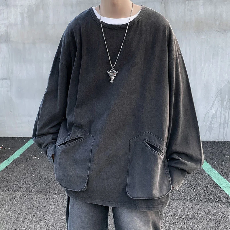 

Autumn Black Long Sleeve T-Shirt Men Fashion O-Neck Pocket T Shirt Mens Japanese Streetwear Hip Hop Loose Pullover TShirt Men