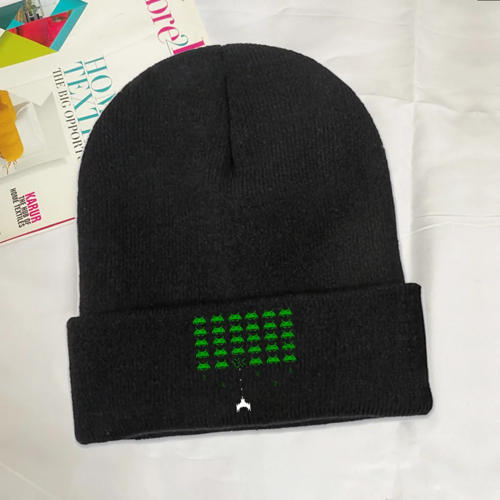 

Aliens Skullies Beanie Space Invaders Shooting Video Game Knitted Bonnet Men Women Warm Caps Cycling Soft Brimless Elastic Hats