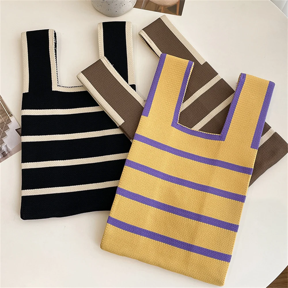 New Wide Striped Handmade Knitted Handbag Minimalist Korean Women Mini Knot Wrist Bag Tote Bag Student Reusable Shopping Bags