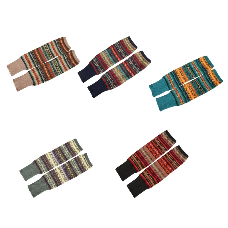 

2022 New Women Bohemian Style Knit Over Knee Leg Warmers Ethnic Vintage Multicolored Striped Boot Cuffs Socks Crochet Stockings