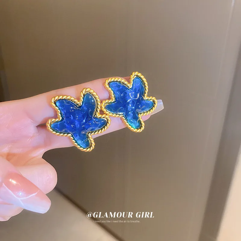 Retro Pleated Blue Starfish Ear Clip Medieval Temperament High-end Earrings Without Earholes New Niche Wholesale