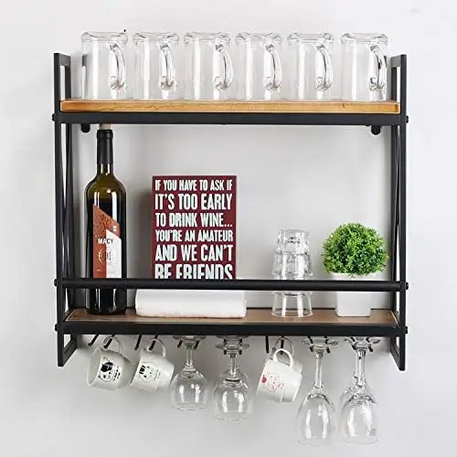 

Mounted Wine Racks with 6 Stem Glass Holder,23.6in Industrial Metal Hanging Wine ,2-Tiers Wood Shelf Floating Shelves,Home Room