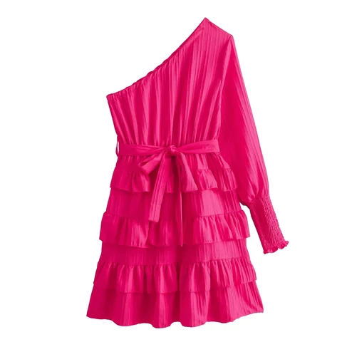 Женское платье с открытыми плечами на шнуровке, пикантные Свободные мини-платья в стиле пэчворк, женское летнее розово-красное платье на одно плечо, 2024
