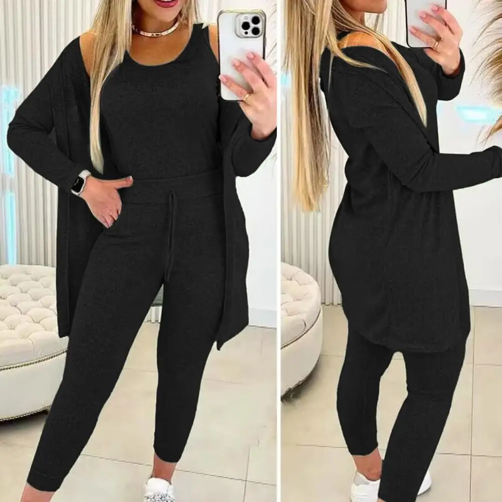 

Solid Color Women Clothes Set Versatile 3-piece Women's Tracksuit Stylish Vest Slim Pants Mid-length Coat for Fall/winter Sporty