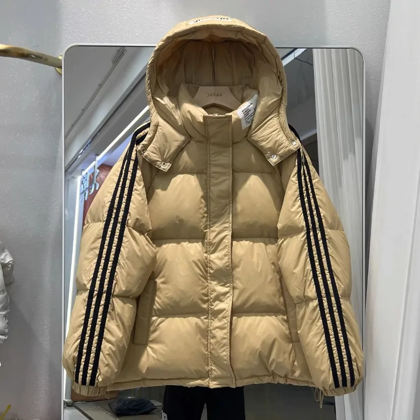 

Женский пуховик на белом утином пуху, новая короткая Студенческая Корейская версия, 3 бара свободного кроя, повседневная, тонкая и утепленная черная