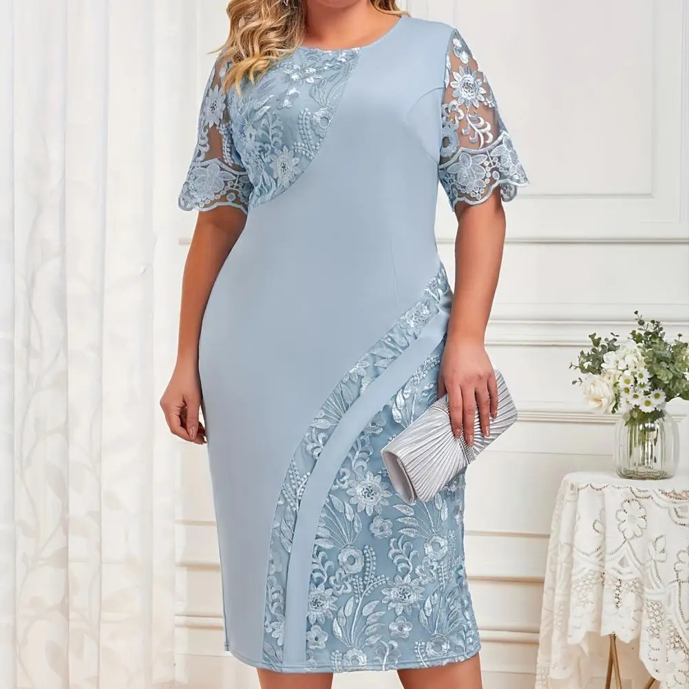 

Plus Size Dress Elegant Floral Embroidered Midi Dress Chic Round Neck Sheath for Party Prom Banquet Embroidered Midi Dress