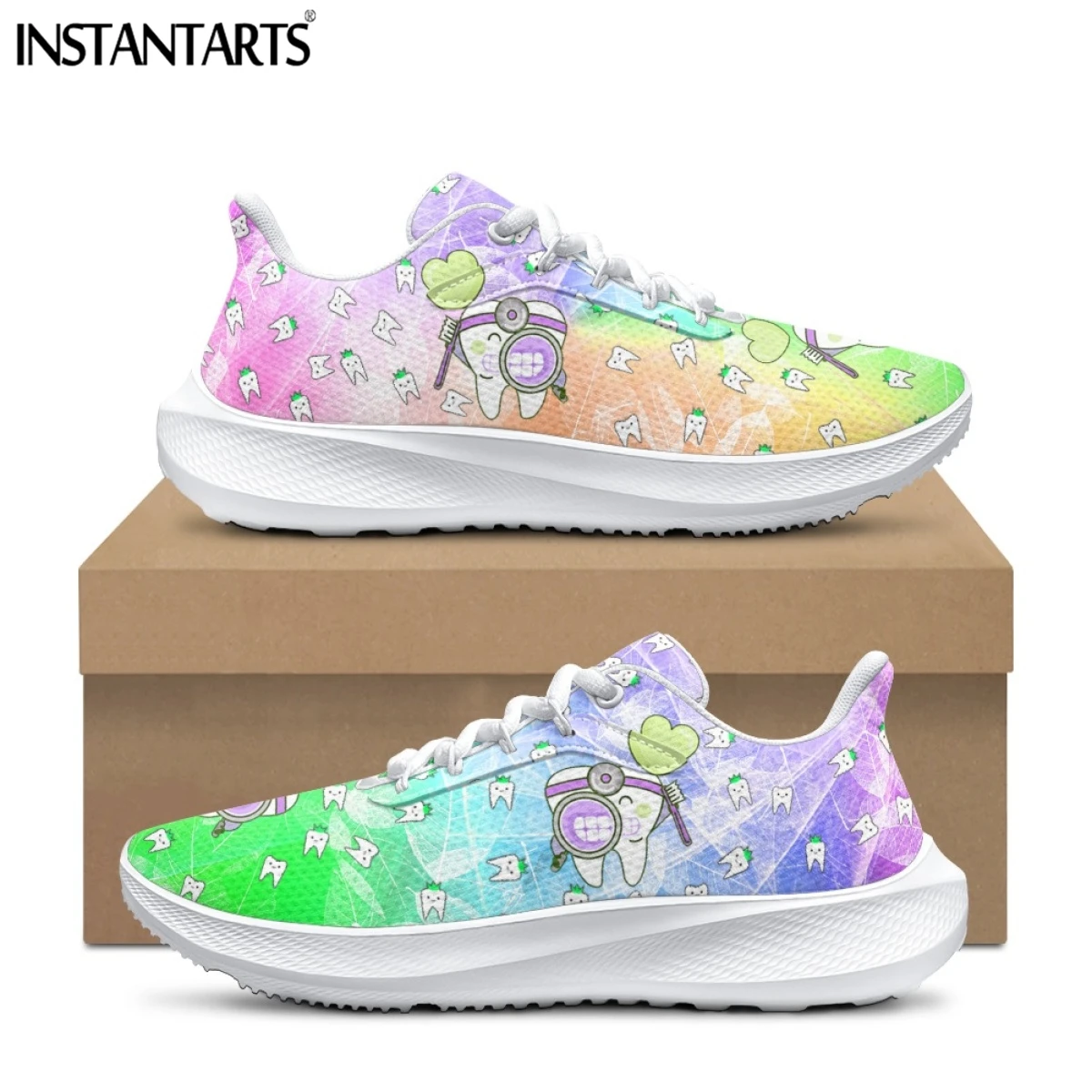 

INSTANTARTS Spring High Quality Cushioning Running Shoes Dental Tie Dye Mesh Sneakers for Womens Mens Tooth Cartoon Sport Tennis