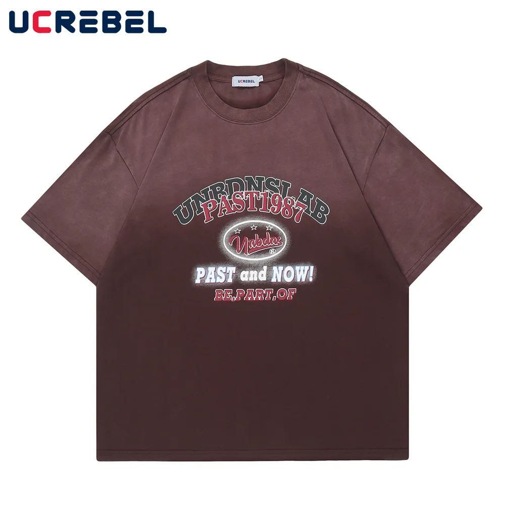 

Футболка мужская с коротким рукавом, свободная хлопковая рубашка с градиентным переходом цвета, с буквенным принтом, Повседневная Уличная одежда с круглым вырезом, на лето