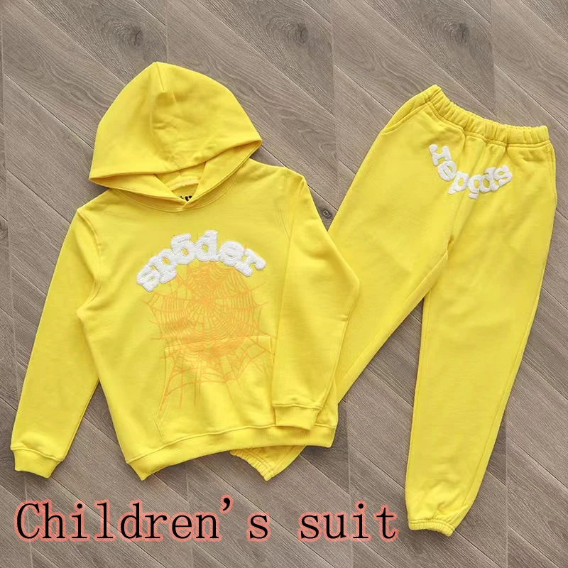 

23ss Boy Girl 1:1 Yellow Sp5der Young Thug Kids Sets White Foam Logo Children Suits Spider Hoodies 555555 Pants Tracksuit