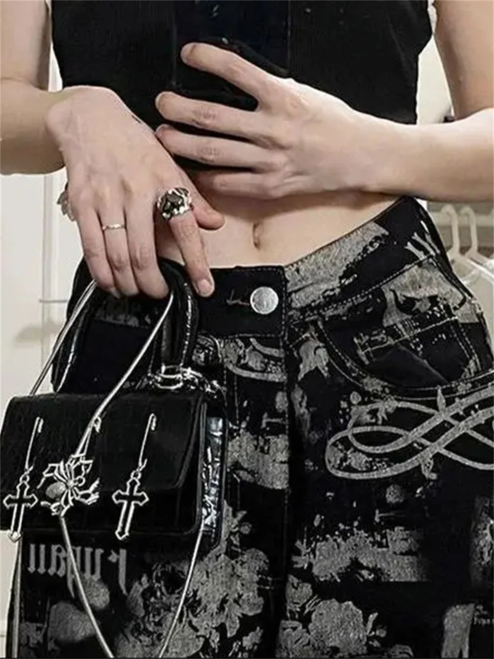Прямые брюки в стиле кибер гетто женские джинсы с принтом Y2k гранж готические