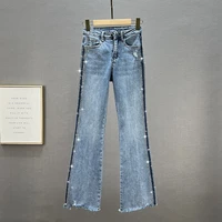2022 spring new high waist slim frayed bootcut trousers hot drilling street girls denim jean women elastic jeans female pants