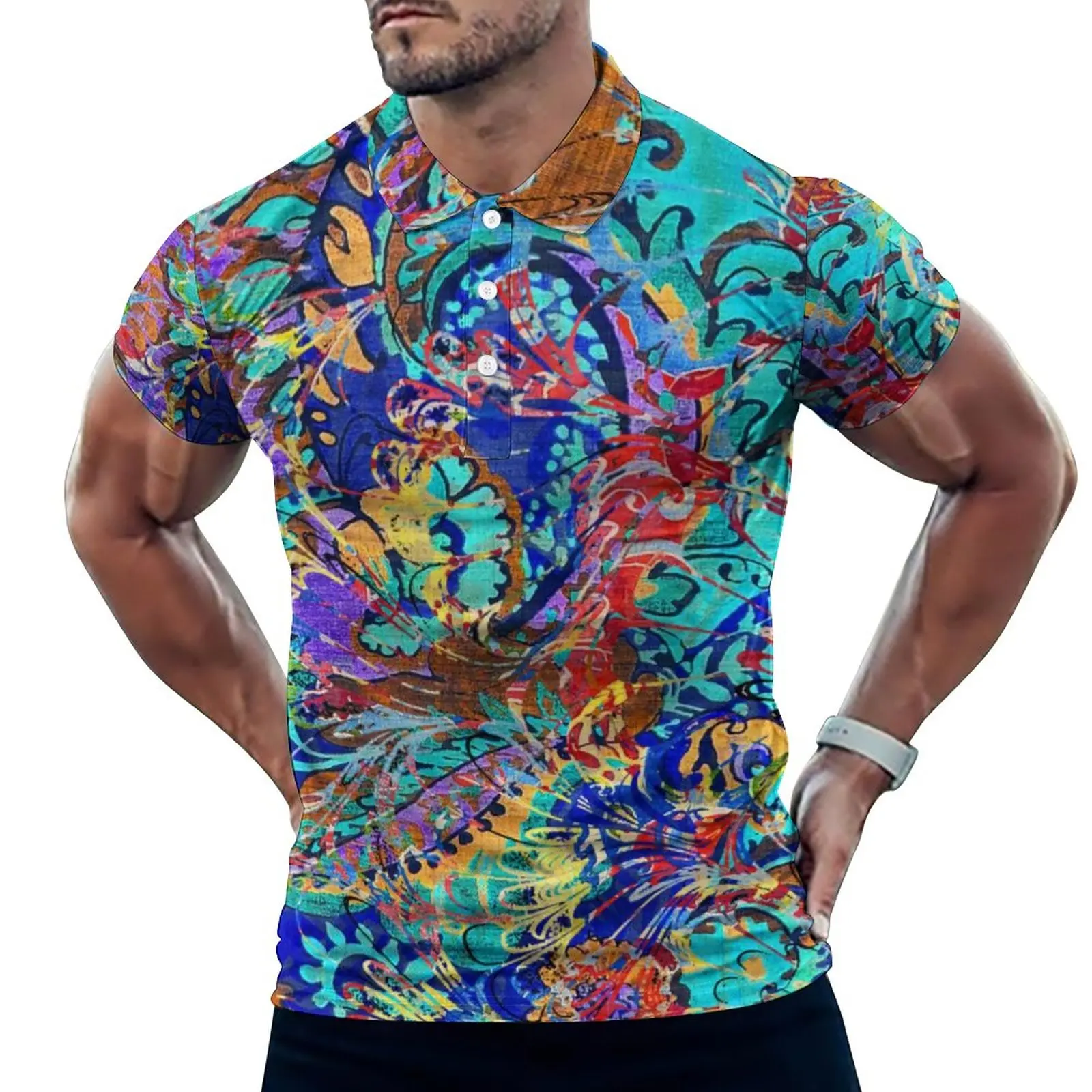 

Винтажные повседневные футболки с цветочным принтом, милые красочные рубашки-поло с воротником, модная рубашка, летний мужской топ с рисунк...