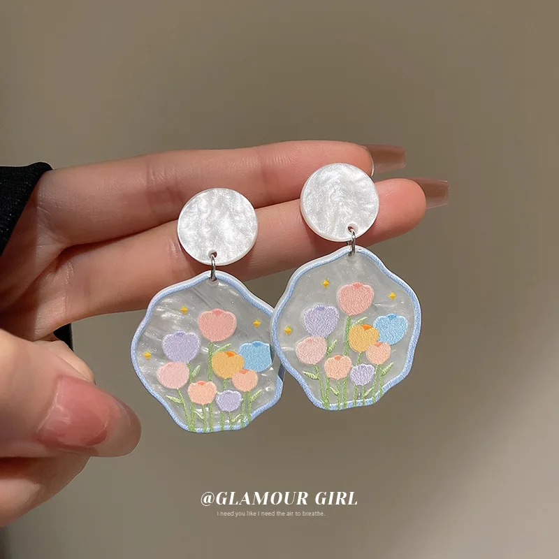 

S925 Sterling Silver Needle Geometric Cute Romantic Flower Drop Earrings