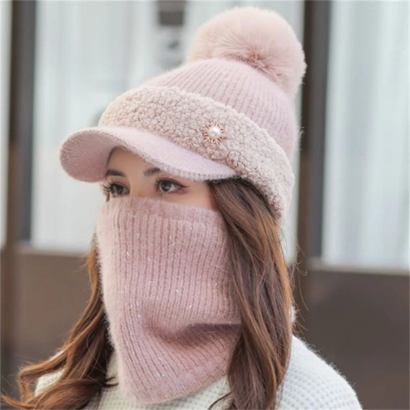 

Women's Winter Hat Ski Ball Knitted Hats Scarf Hat Set Winter Women Beanie Hat Warm Skullies Female Cap New