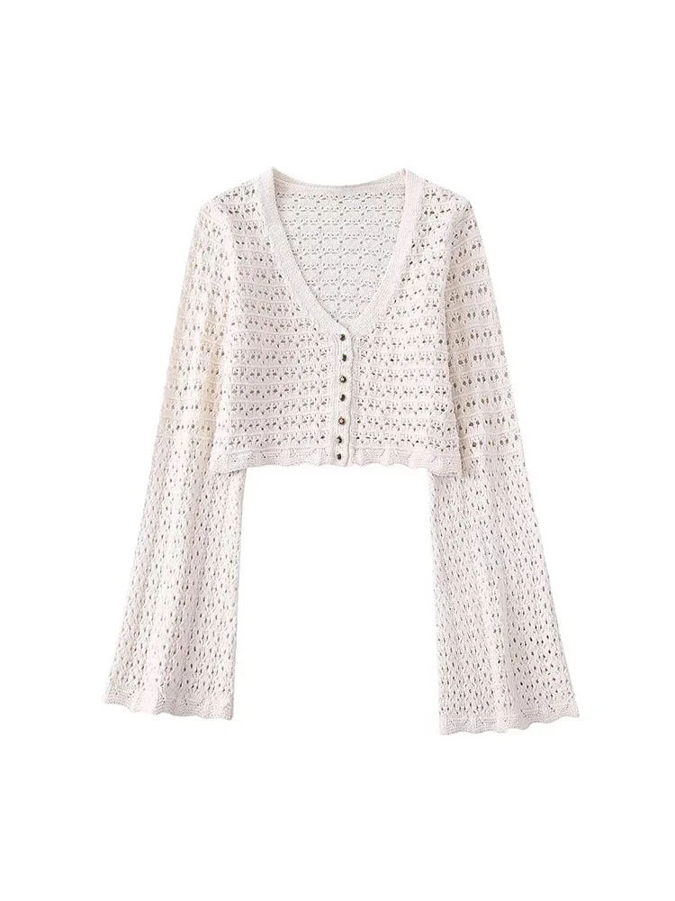 

YLJHQX 2022 Spring Women Fashion Cutout Knitted Cardigan Casual Flared Long Sleeve Single-breasted V Neck Female Short Coat