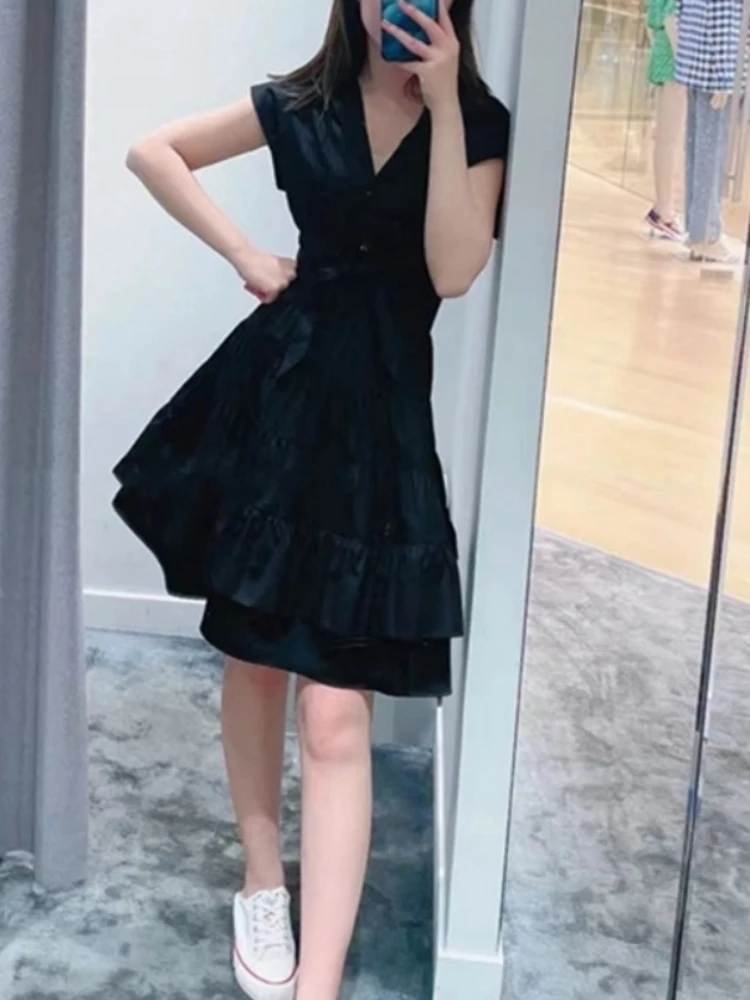 

Женское плиссированное платье, платье во французском стиле с отложным воротником, V-образным вырезом и оборками, на пуговицах, с высокой тал...