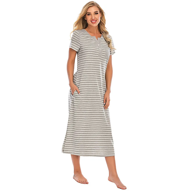 Women's Striped Buttons Spring Summer New Comfortable Nightwear Loose Short-sleeved Home Service Sexy Sleepwear Nightdress