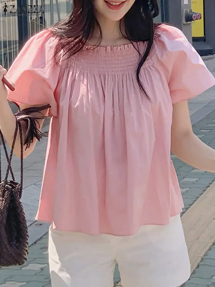 Женские корейские блузки ZANZEA с квадратным вырезом лето 2024 праздничные розовые